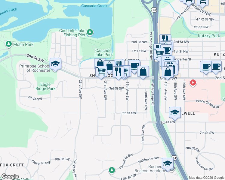 map of restaurants, bars, coffee shops, grocery stores, and more near 2008 3rd Street Southwest in Rochester