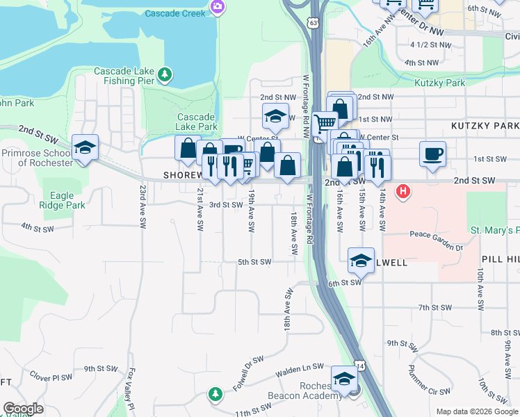 map of restaurants, bars, coffee shops, grocery stores, and more near 302 19th Avenue Northwest in Rochester