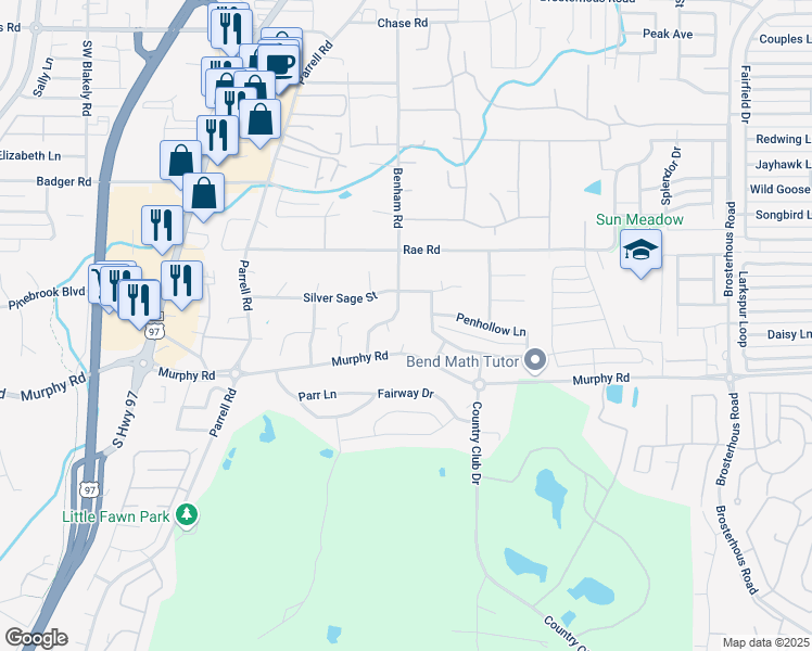 map of restaurants, bars, coffee shops, grocery stores, and more near 61146 Benham Road in Bend
