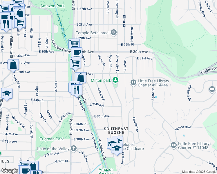 map of restaurants, bars, coffee shops, grocery stores, and more near 3363 Harris Street in Eugene