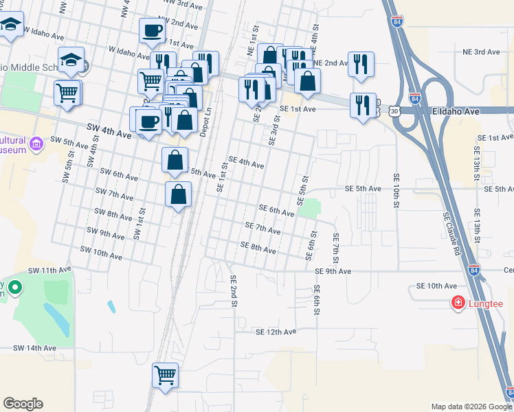 map of restaurants, bars, coffee shops, grocery stores, and more near 272 Southeast 6th Avenue in Ontario