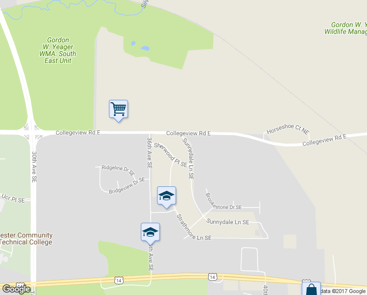 map of restaurants, bars, coffee shops, grocery stores, and more near 35 Sunnydale Lane Southeast in Rochester