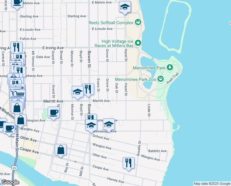 map of restaurants, bars, coffee shops, grocery stores, and more near 531 Oak Street in Oshkosh