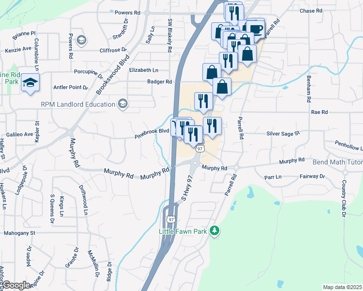 map of restaurants, bars, coffee shops, grocery stores, and more near 61149 South Highway 97 in Bend