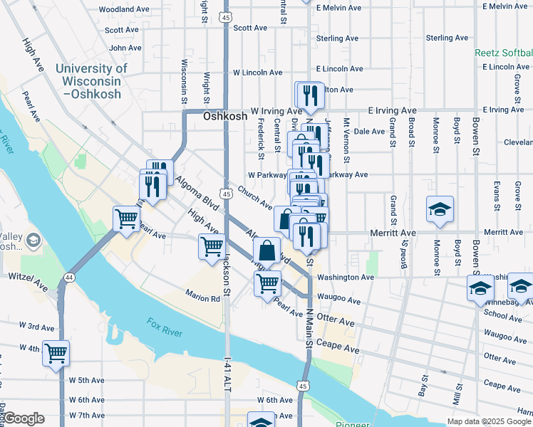 map of restaurants, bars, coffee shops, grocery stores, and more near 143 Church Avenue in Oshkosh