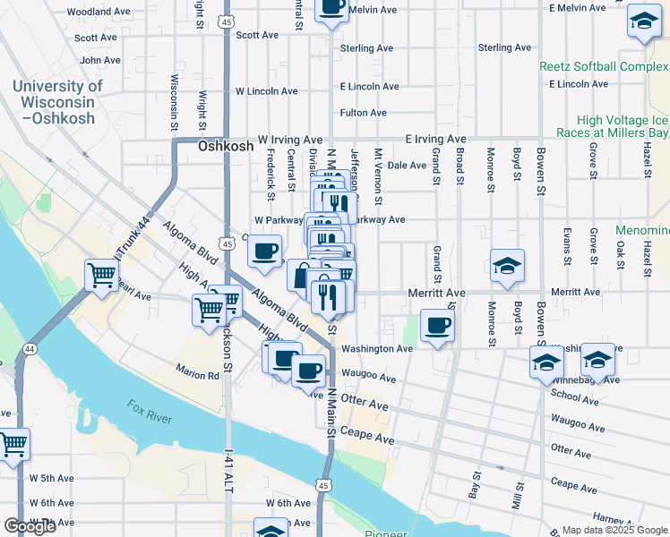 map of restaurants, bars, coffee shops, grocery stores, and more near 530 North Main Street in Oshkosh