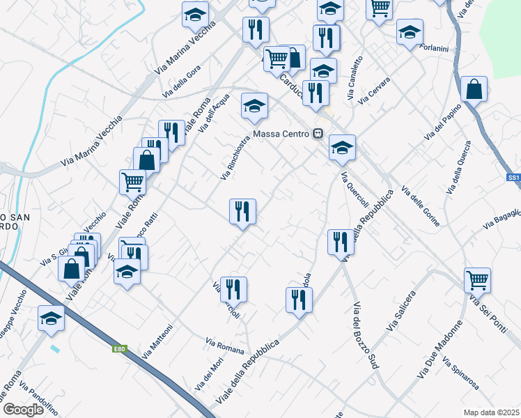 map of restaurants, bars, coffee shops, grocery stores, and more near 124 Via Quercioli in Massa