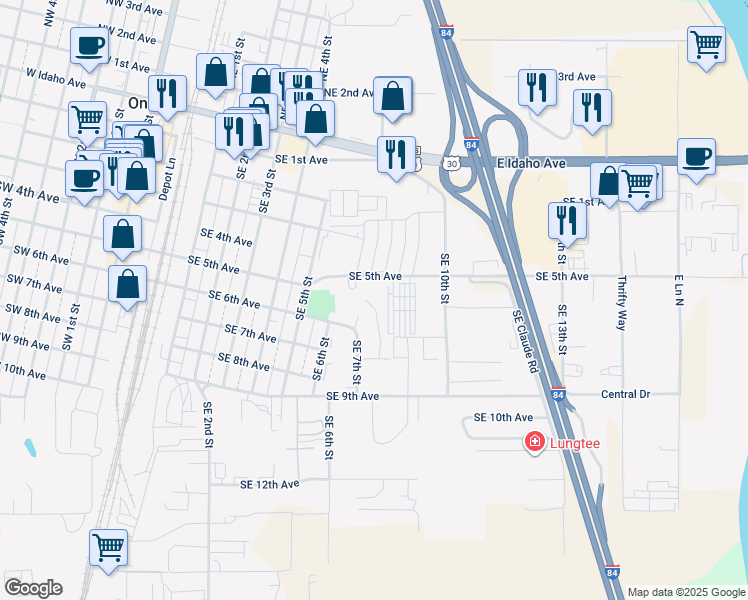 map of restaurants, bars, coffee shops, grocery stores, and more near 25 Southeast 8th Street in Ontario