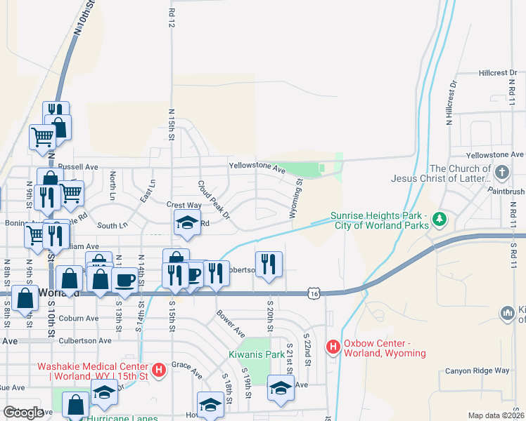 map of restaurants, bars, coffee shops, grocery stores, and more near 406 Meadowlark Lane in Worland