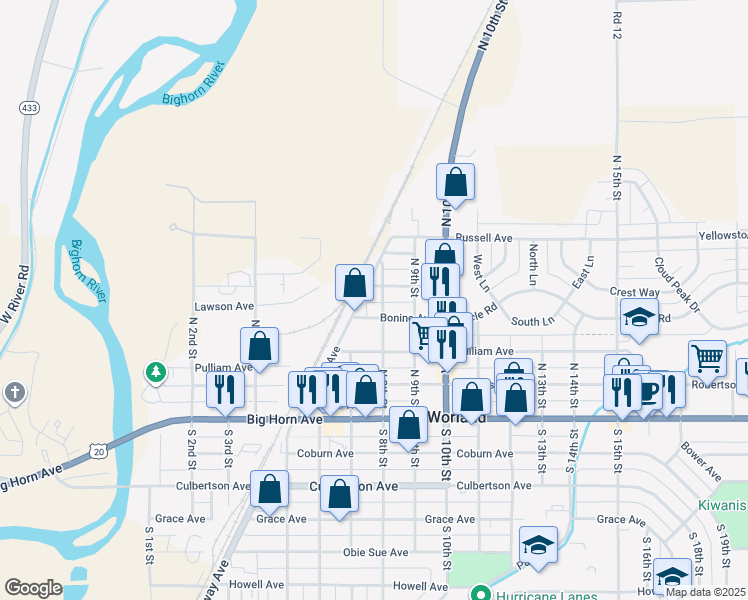map of restaurants, bars, coffee shops, grocery stores, and more near 701 Bonine Avenue in Worland
