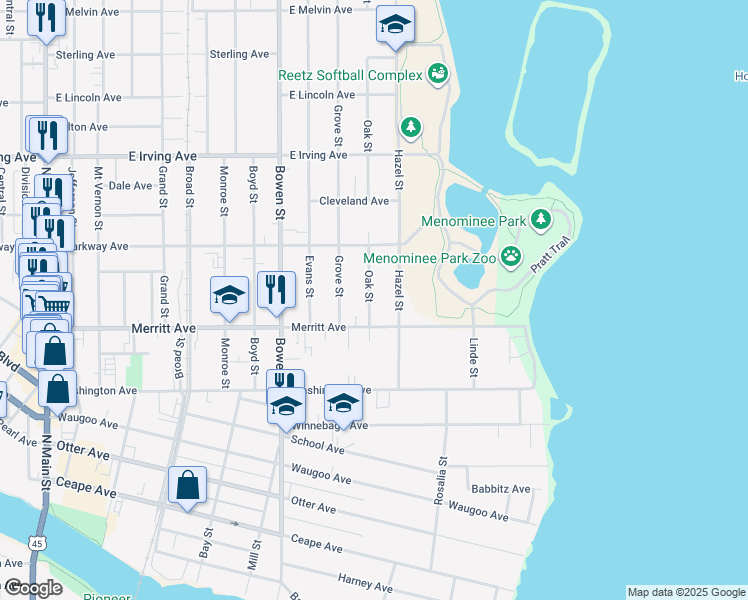 map of restaurants, bars, coffee shops, grocery stores, and more near 531 Oak Street in Oshkosh