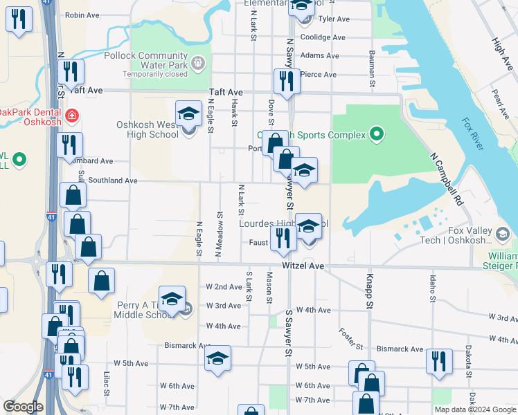 map of restaurants, bars, coffee shops, grocery stores, and more near 1319 Clayton Court in Oshkosh
