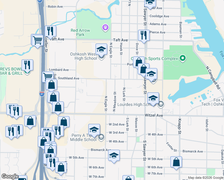 map of restaurants, bars, coffee shops, grocery stores, and more near 241 North Meadow Street in Oshkosh