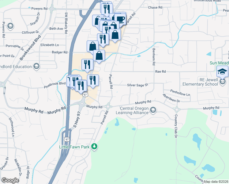map of restaurants, bars, coffee shops, grocery stores, and more near 61146 Parrell Road in Bend