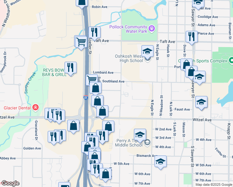 map of restaurants, bars, coffee shops, grocery stores, and more near 1715 Skyview Avenue in Oshkosh