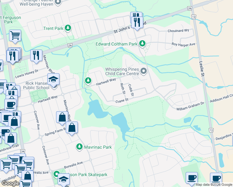 map of restaurants, bars, coffee shops, grocery stores, and more near 46 Read Street in Aurora