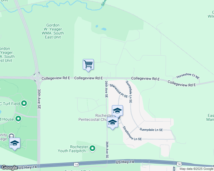 map of restaurants, bars, coffee shops, grocery stores, and more near 36 36th Avenue Southeast in Rochester