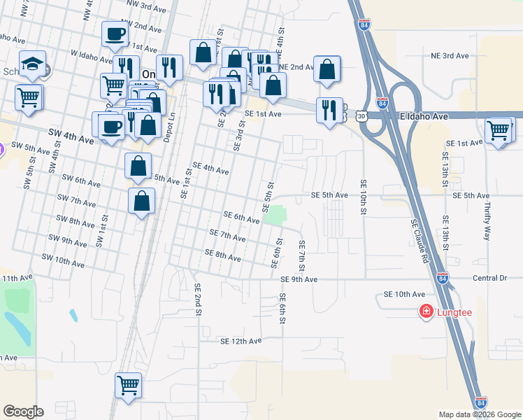 map of restaurants, bars, coffee shops, grocery stores, and more near 537 Southeast 5th Street in Ontario