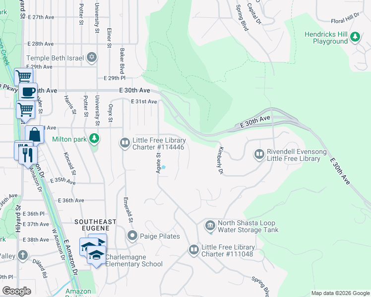 map of restaurants, bars, coffee shops, grocery stores, and more near 1750 Cameo Drive in Eugene