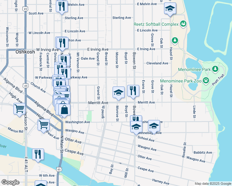 map of restaurants, bars, coffee shops, grocery stores, and more near 531 Monroe Street in Oshkosh