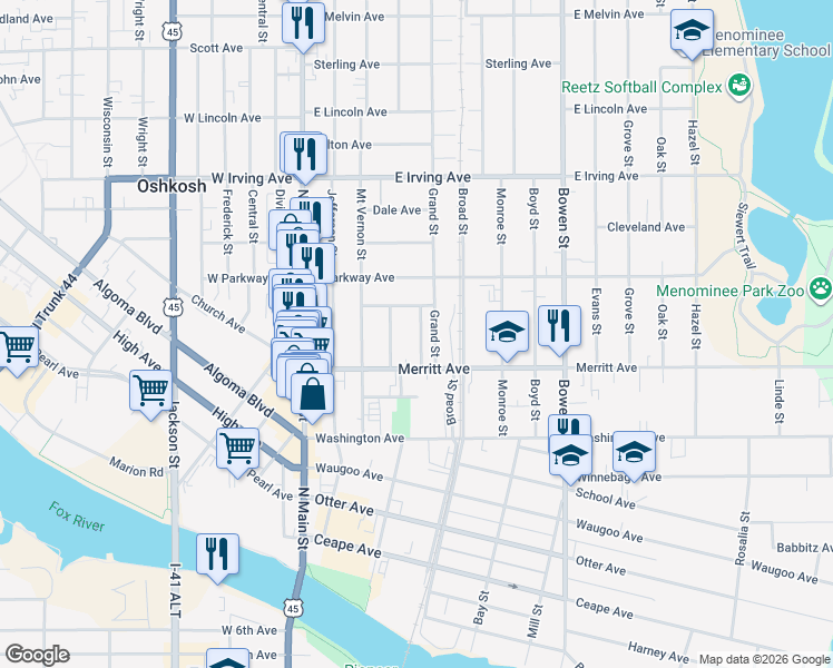 map of restaurants, bars, coffee shops, grocery stores, and more near 555 Pleasant Street in Oshkosh