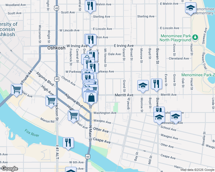 map of restaurants, bars, coffee shops, grocery stores, and more near 527 Madison Street in Oshkosh