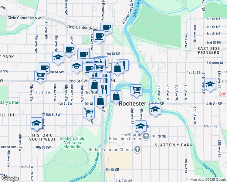 map of restaurants, bars, coffee shops, grocery stores, and more near 102 2nd Street Southeast in Rochester