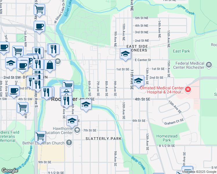 map of restaurants, bars, coffee shops, grocery stores, and more near 234 1/2 8th Avenue Southeast in Rochester
