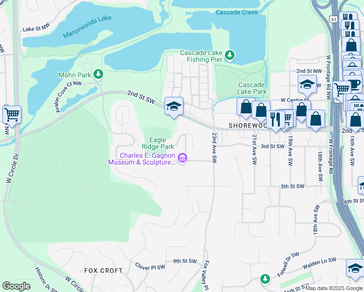 map of restaurants, bars, coffee shops, grocery stores, and more near 215 Highland Court Southwest in Rochester