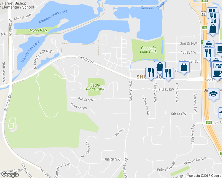 map of restaurants, bars, coffee shops, grocery stores, and more near 215 Highland Court Southwest in Rochester