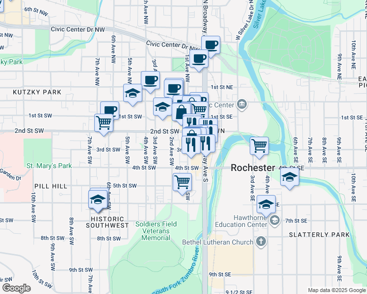 map of restaurants, bars, coffee shops, grocery stores, and more near 221 1st Avenue Southwest in Rochester