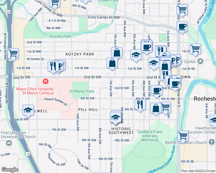map of restaurants, bars, coffee shops, grocery stores, and more near 229 7th Avenue Southwest in Rochester