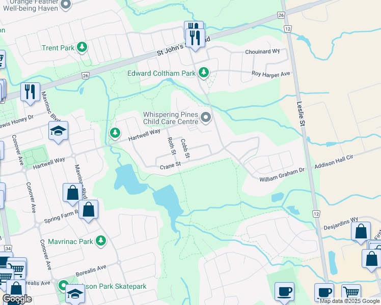 map of restaurants, bars, coffee shops, grocery stores, and more near 19 Cobb Street in Aurora