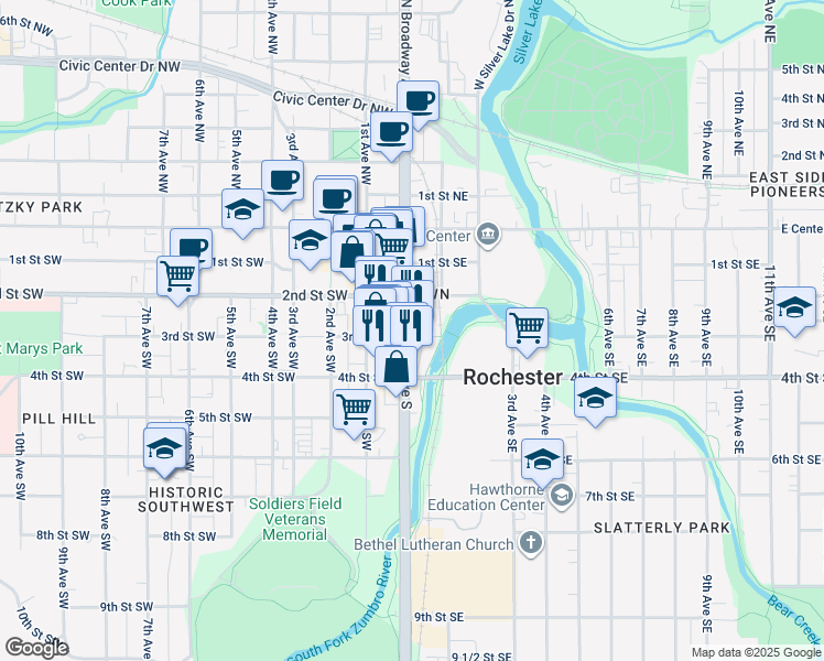 map of restaurants, bars, coffee shops, grocery stores, and more near 311 Broadway Avenue South in Rochester