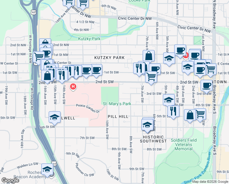 map of restaurants, bars, coffee shops, grocery stores, and more near 295 9th Avenue Southwest in Rochester