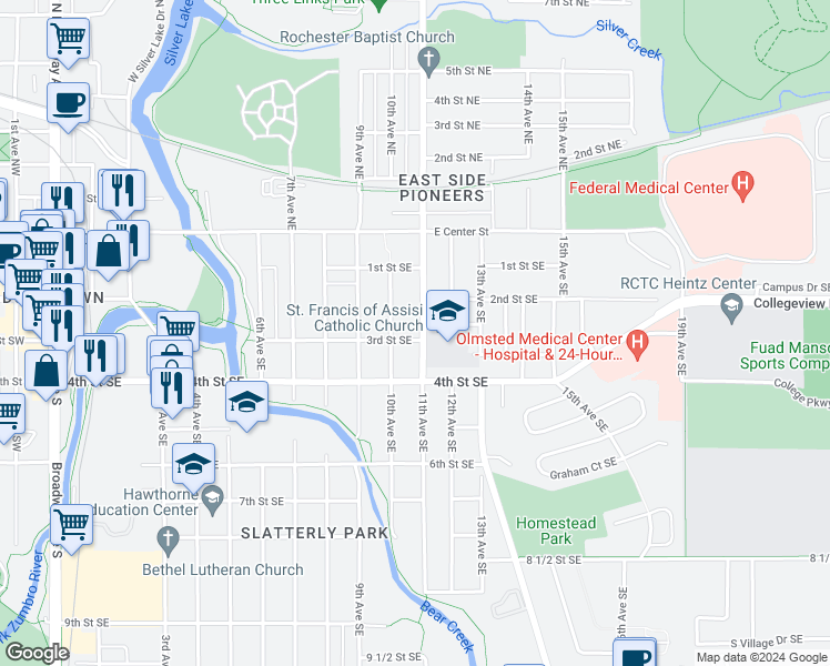 map of restaurants, bars, coffee shops, grocery stores, and more near 233 11th Avenue Southeast in Rochester