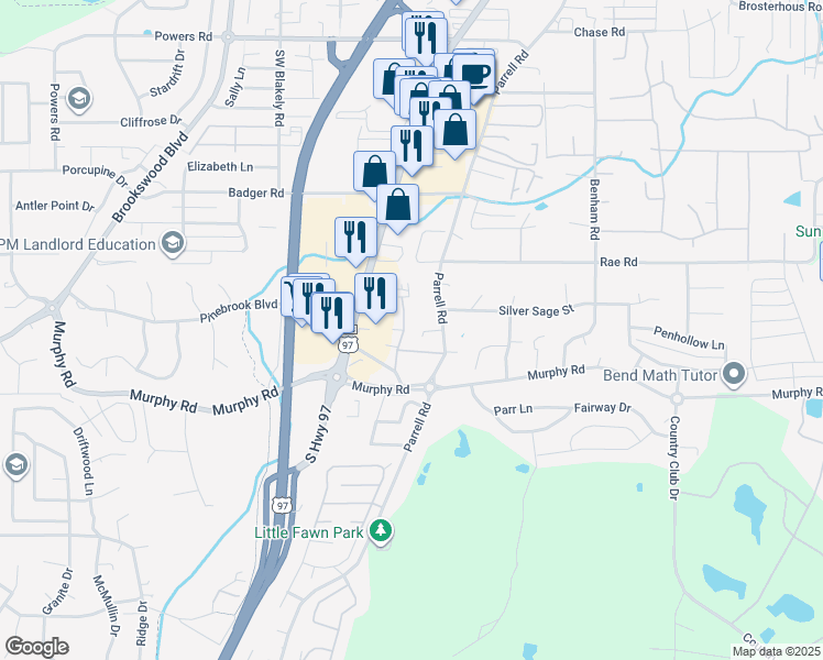 map of restaurants, bars, coffee shops, grocery stores, and more near 61150 Hamilton Lane in Bend