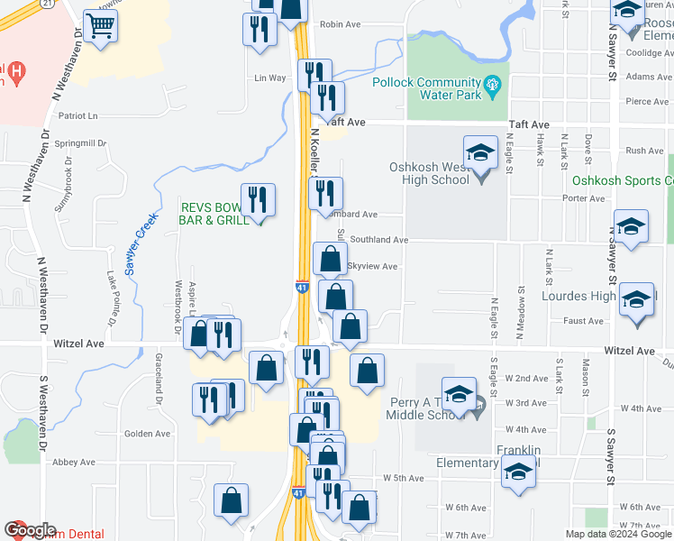 map of restaurants, bars, coffee shops, grocery stores, and more near 225 Sullivan Street in Oshkosh