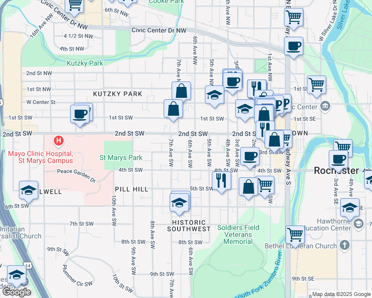 map of restaurants, bars, coffee shops, grocery stores, and more near 229 6th Avenue Southwest in Rochester