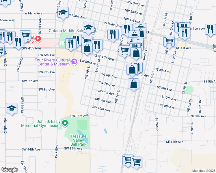 map of restaurants, bars, coffee shops, grocery stores, and more near 717 Southwest 2nd Street in Ontario