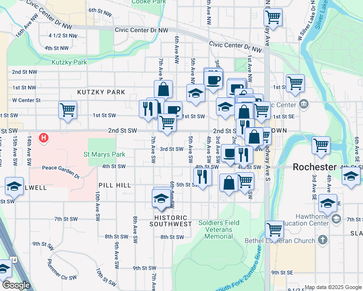map of restaurants, bars, coffee shops, grocery stores, and more near 525 3rd Street Southwest in Rochester