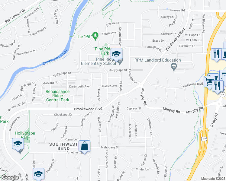 map of restaurants, bars, coffee shops, grocery stores, and more near 61127 Kepler Street in Bend