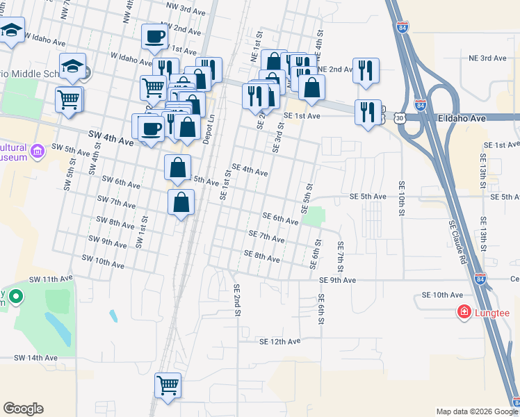 map of restaurants, bars, coffee shops, grocery stores, and more near 272 Southeast 6th Avenue in Ontario
