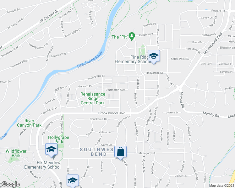map of restaurants, bars, coffee shops, grocery stores, and more near 61147 Montrose Pass Street in Bend