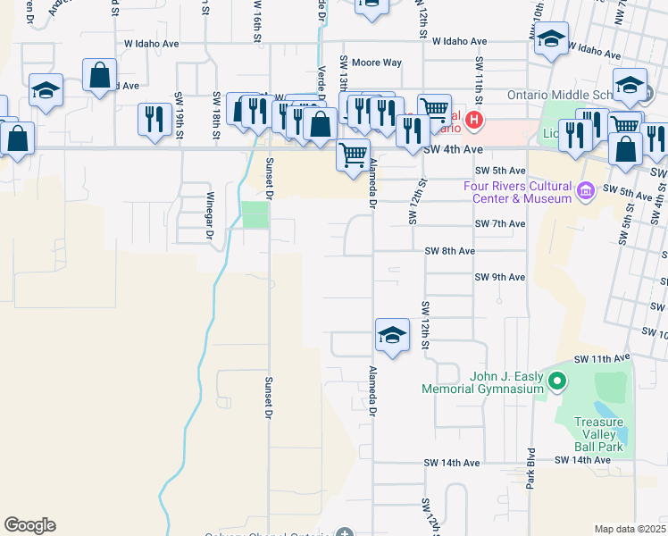 map of restaurants, bars, coffee shops, grocery stores, and more near 1372 Southwest 8th Avenue in Ontario