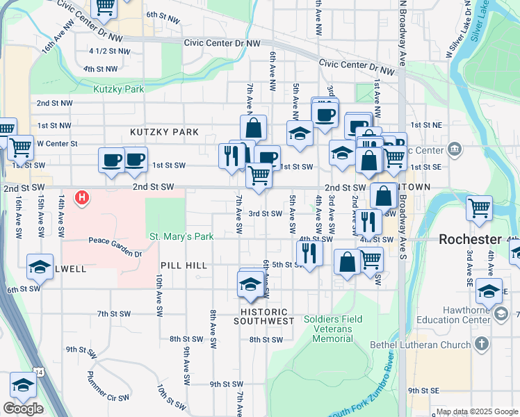 map of restaurants, bars, coffee shops, grocery stores, and more near 229 6th Avenue Southwest in Rochester