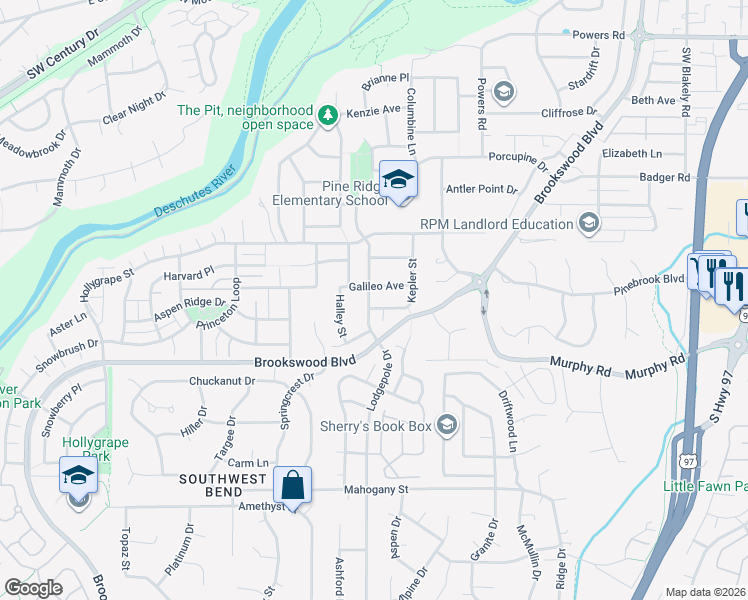 map of restaurants, bars, coffee shops, grocery stores, and more near 61131 Kepler Street in Bend
