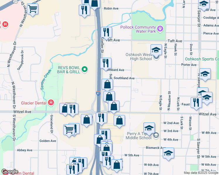 map of restaurants, bars, coffee shops, grocery stores, and more near 235 Sullivan Street in Oshkosh