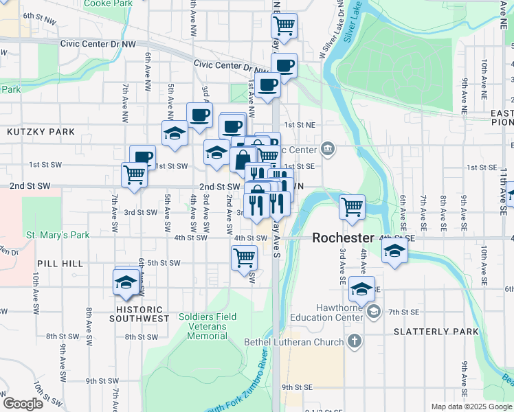 map of restaurants, bars, coffee shops, grocery stores, and more near 224 1st Avenue Southwest in Rochester