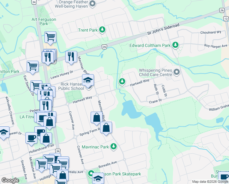 map of restaurants, bars, coffee shops, grocery stores, and more near 119 Pointon Street in Aurora